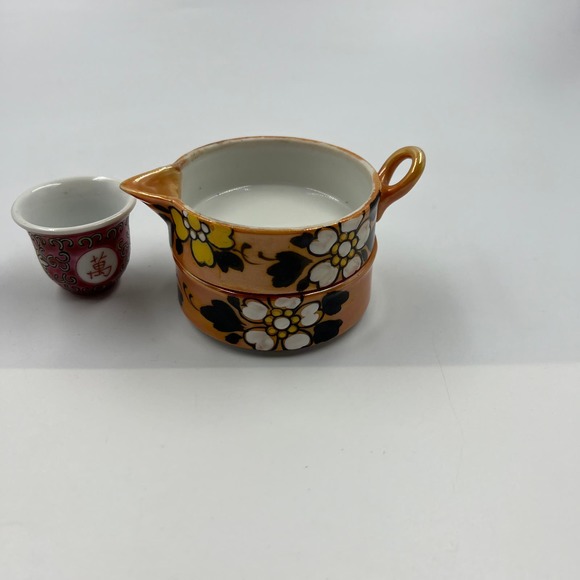 Vintage Ceramic Tea Set 3 Pieces Asian Pieces Hand Painted Look Stacking Pitcher - Picture 2 of 11